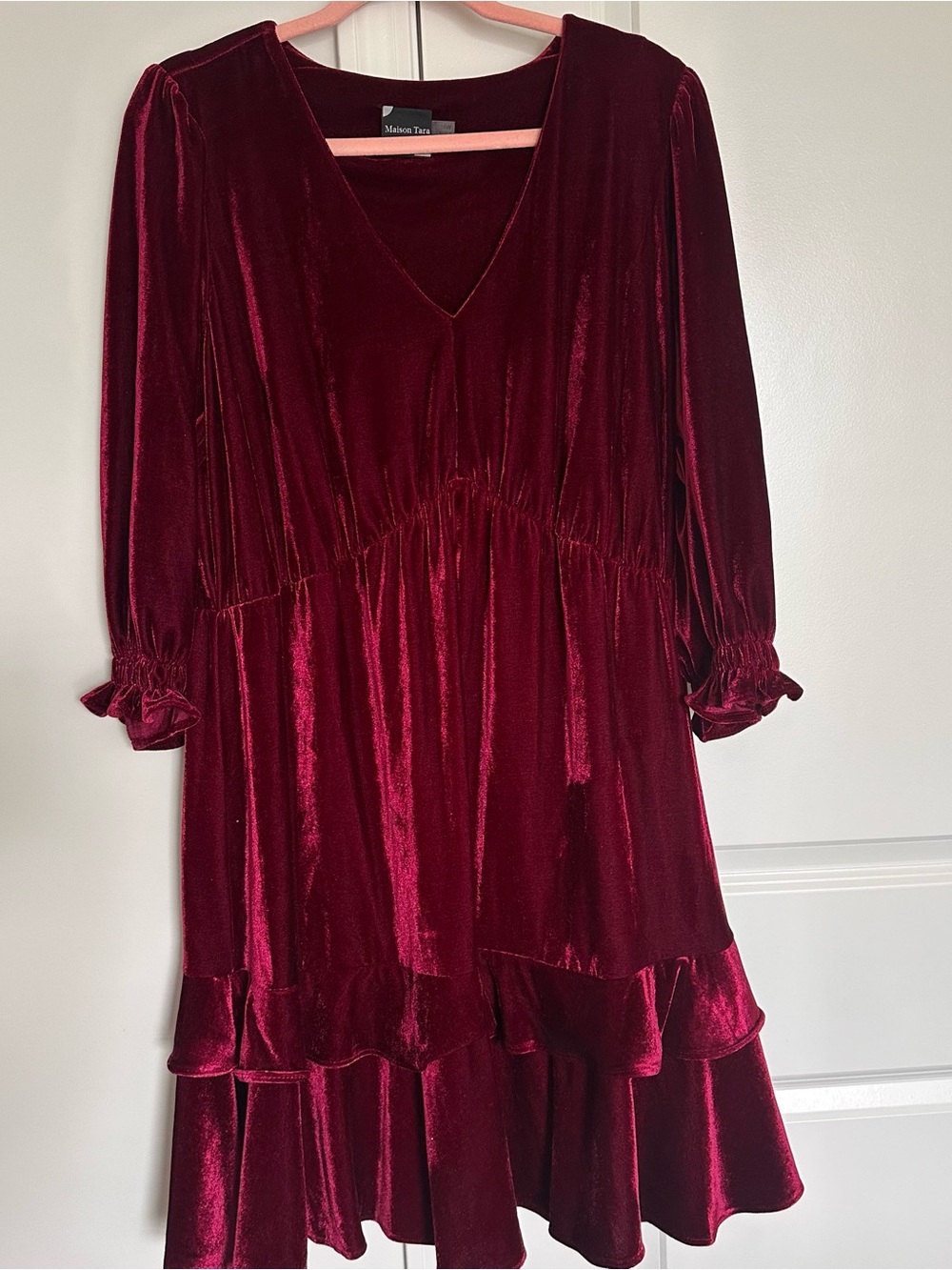 Maison Tara Velvet V-Neck Ruffle Hem Dress - Burgundy